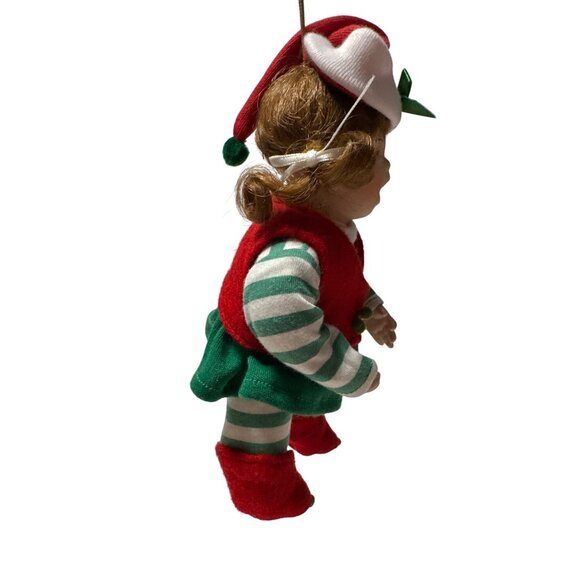 Porcelain Christmas Elf Doll Ornament With Red Vest Green Striped Outfit & Hat - Picture 4 of 8